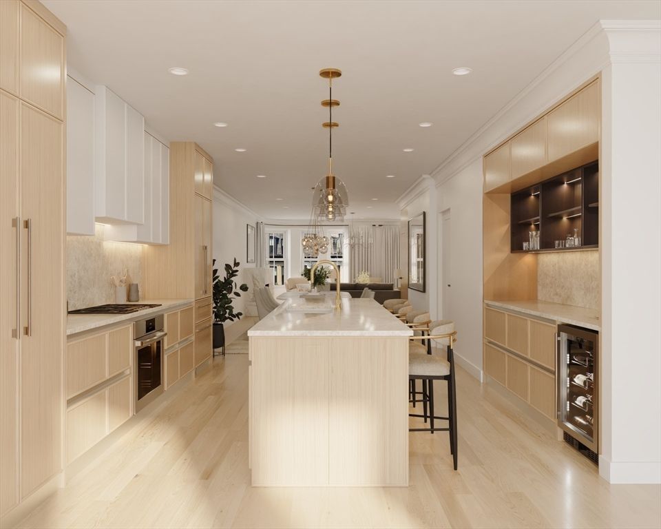 Dining room, Interior, Kitchen, Pendant Lights, Recessed Lighting, Stainless Steel Appliances, Wood Texture Flooring
