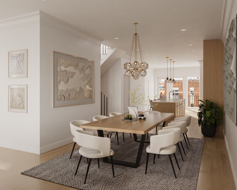 Dining room, Interior, Pendant Lights, Recessed Lighting, Wood Texture Flooring