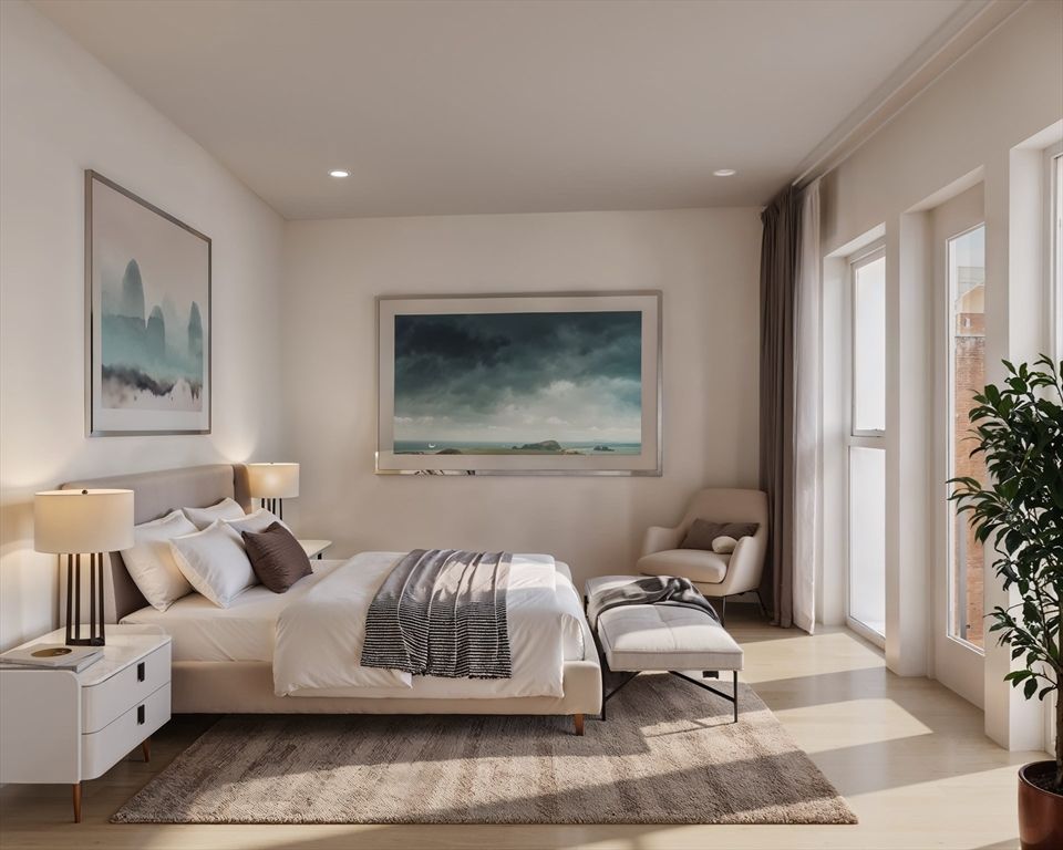 Bedroom, Interior, Recessed Lighting, Wood Texture Flooring