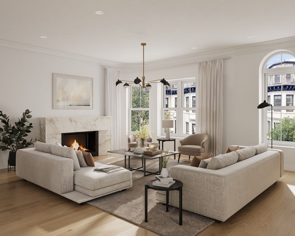 Fireplace, Interior, Living room, Pendant Lights, Recessed Lighting, Wood Texture Flooring