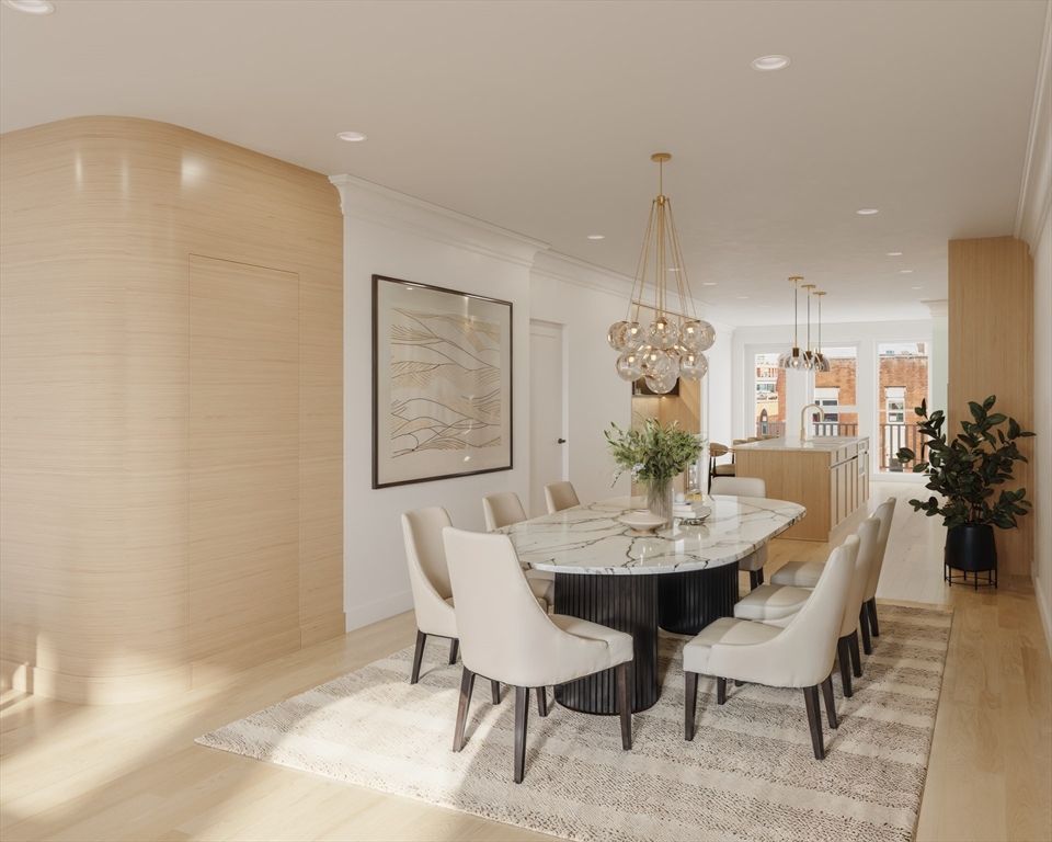 Dining room, Interior, Pendant Lights, Recessed Lighting, Wood Texture Flooring