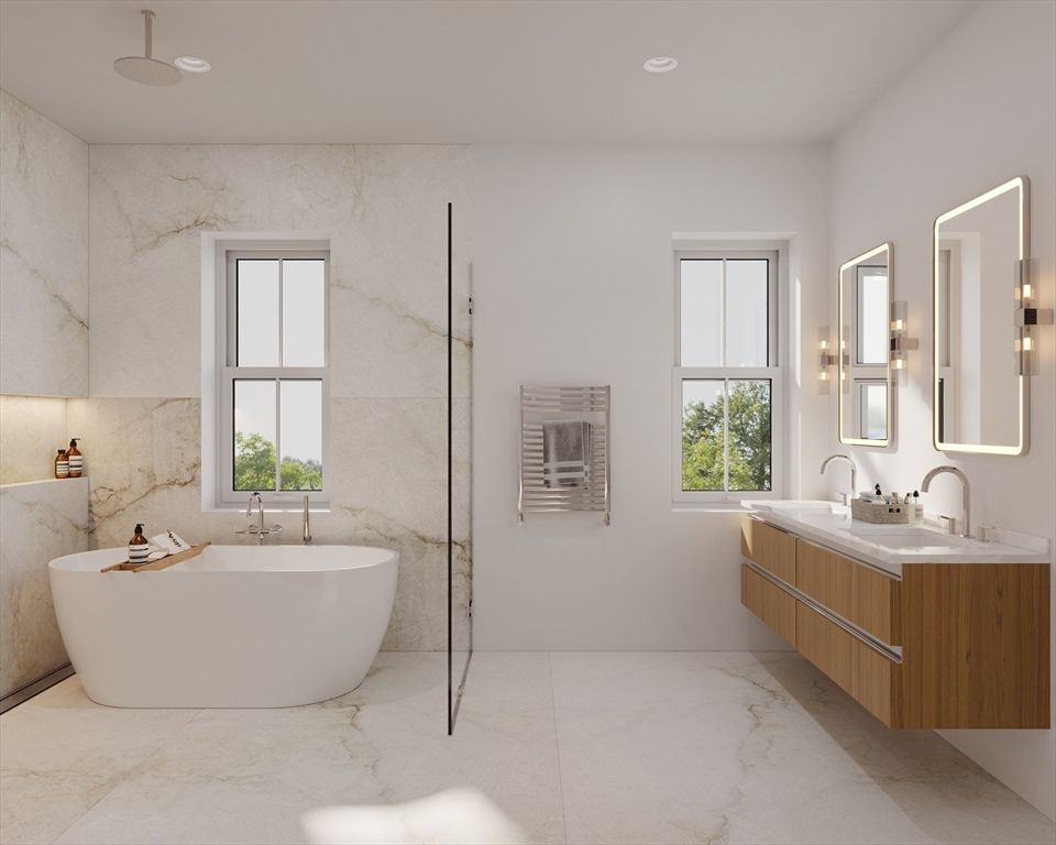 Bathroom, Dual Sink Vanities, Free Standing Baths, Glass Shower, Interior, Marble, Marble Walls, Recessed Lighting