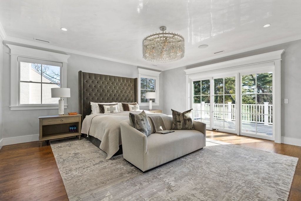 Bedroom, Chandelier, Fireplace, Interior, Recessed Lighting, Wood Texture Flooring