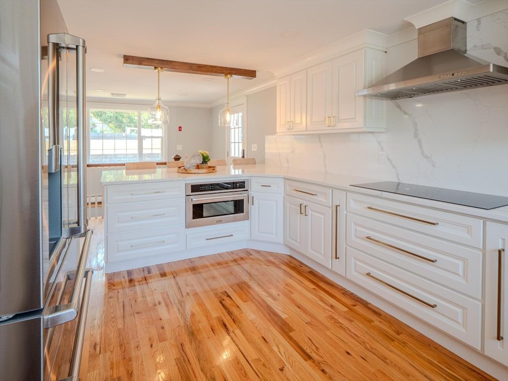 Interior, Kitchen, Marble Walls, Pendant Lights, Recessed Lighting, Stainless Steel Appliances, Wooden Beams, Wood Texture Flooring