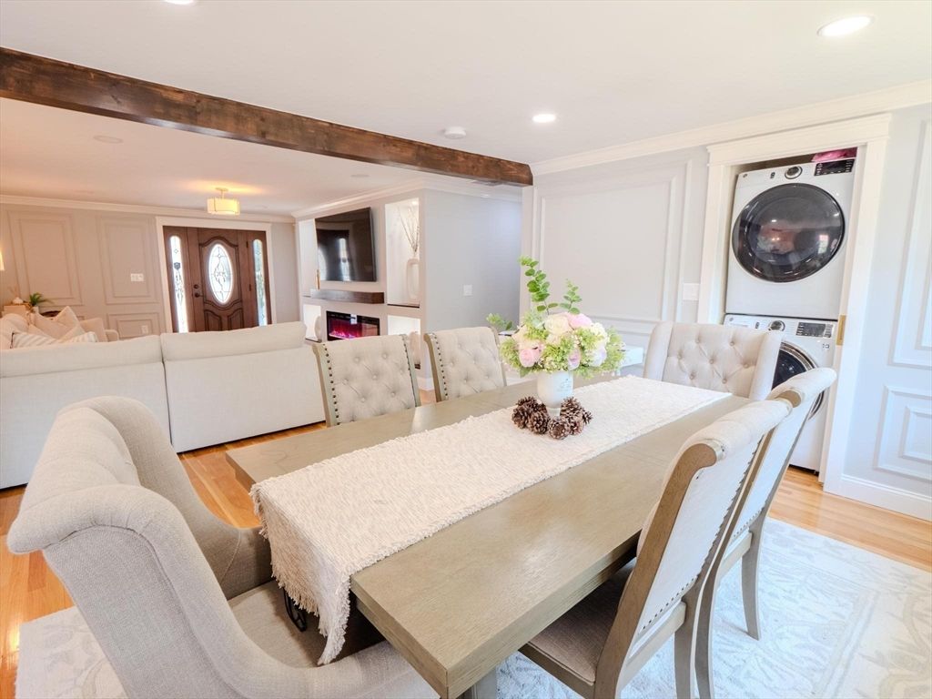 Dining room, Fireplace, Interior, Living room, Recessed Lighting, Washer, Wood Texture Flooring