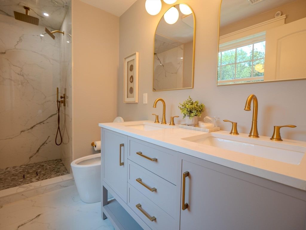 Bathroom, Dual Sink Vanities, Glass Shower, Interior, Marble, Marble Walls