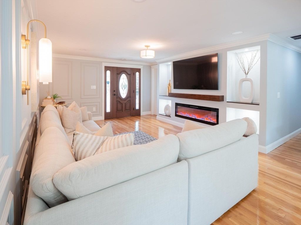 Fireplace, Interior, Living room, Pendant Lights, Wood Texture Flooring