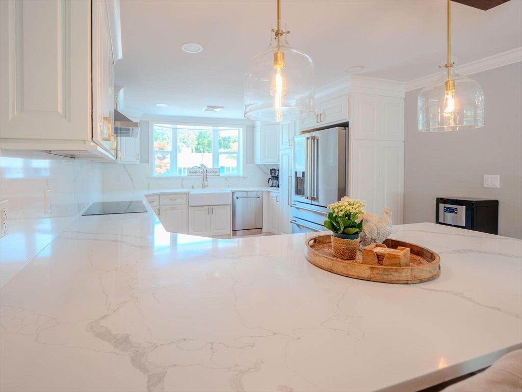 Interior, Kitchen, Marble, Pendant Lights, Recessed Lighting, Stainless Steel Appliances