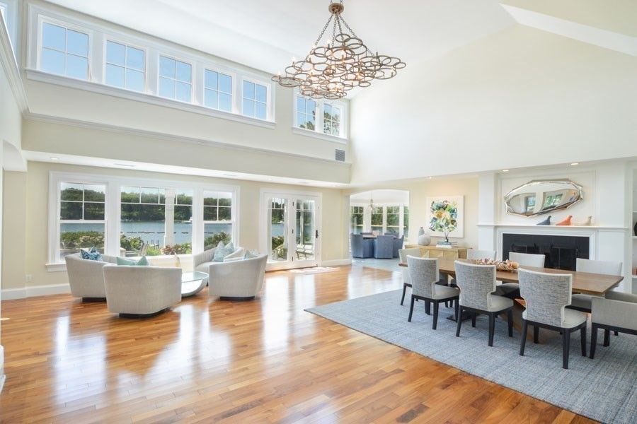 Chandelier, Dining room, Fireplace, Interior, Living room, Pendant Lights, Water, Wood Texture Flooring