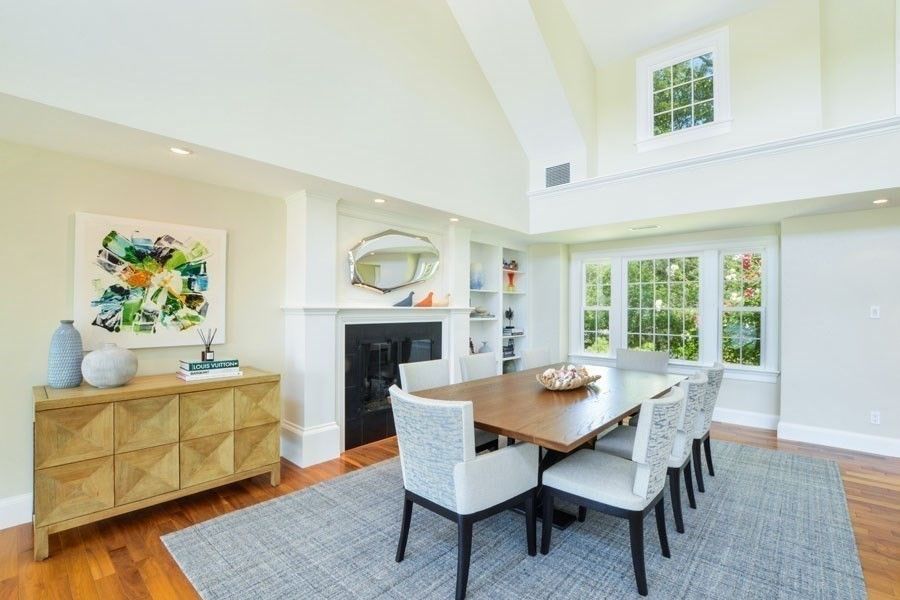 Dining room, Fireplace, Interior, Recessed Lighting, Wood Texture Flooring