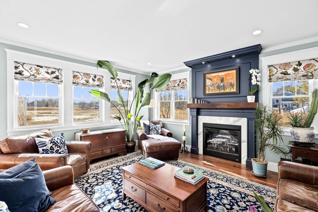 Fireplace, Interior, Living room, Recessed Lighting, Wood Texture Flooring