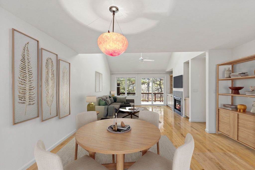 Dining room, Fireplace, Interior, Living room, Pendant Lights, Wood Texture Flooring