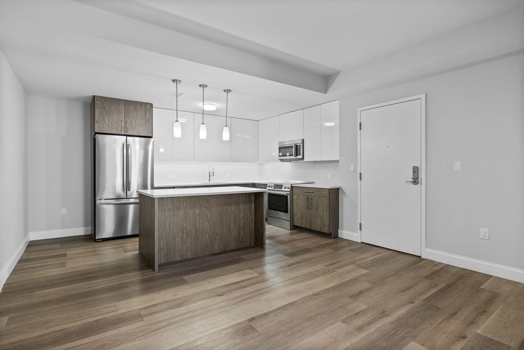 Interior, Kitchen, Pendant Lights, Stainless Steel Appliances, Wood Texture Flooring