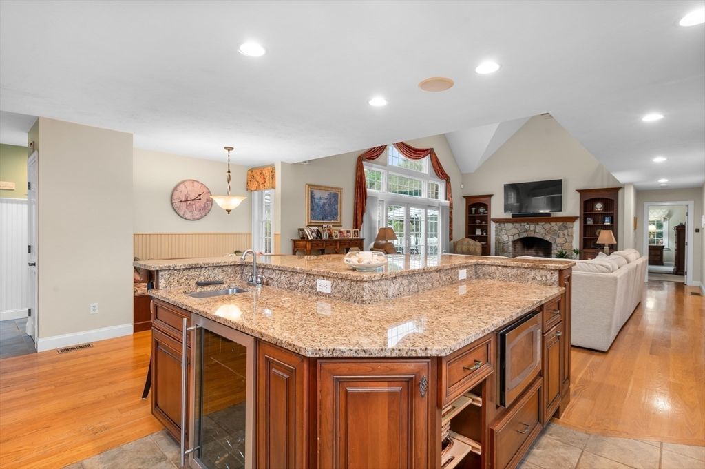 Fireplace, Interior, Kitchen, Living room, Pendant Lights, Recessed Lighting, Wood Texture Flooring