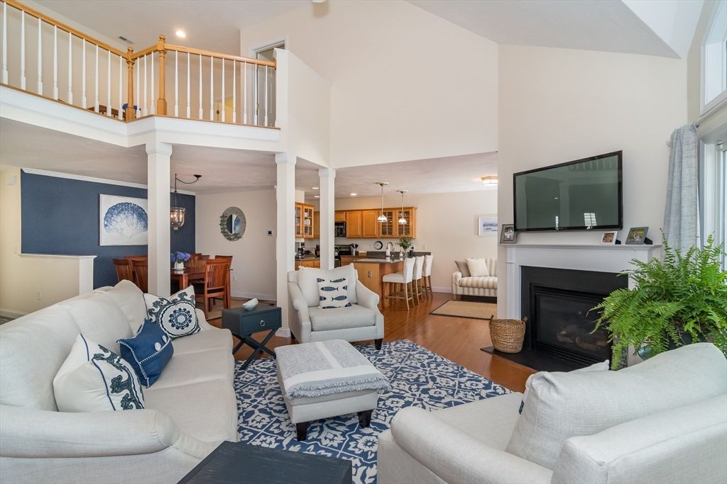Dining room, Fireplace, Interior, Kitchen, Living room, Pendant Lights, Recessed Lighting, Wood Texture Flooring
