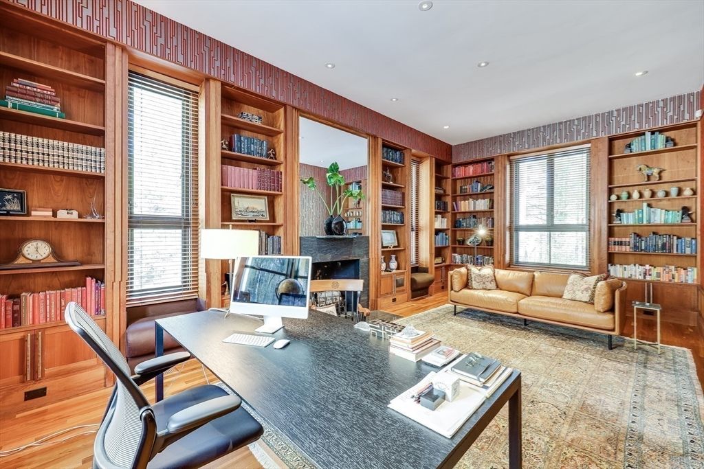 Fireplace, Home Office, Interior, Living room, Recessed Lighting, Wood Texture Flooring