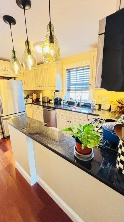 Interior, Kitchen, Pendant Lights, Stainless Steel Appliances, Wood Texture Flooring