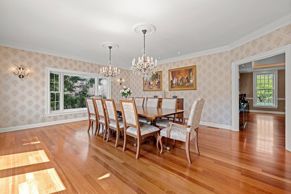 Chandelier, Dining room, Interior, Wood Texture Flooring