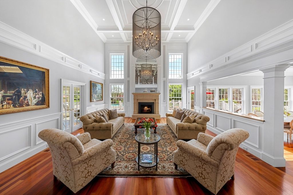 Chandelier, Fireplace, Interior, Living room, Recessed Lighting, Wood Texture Flooring