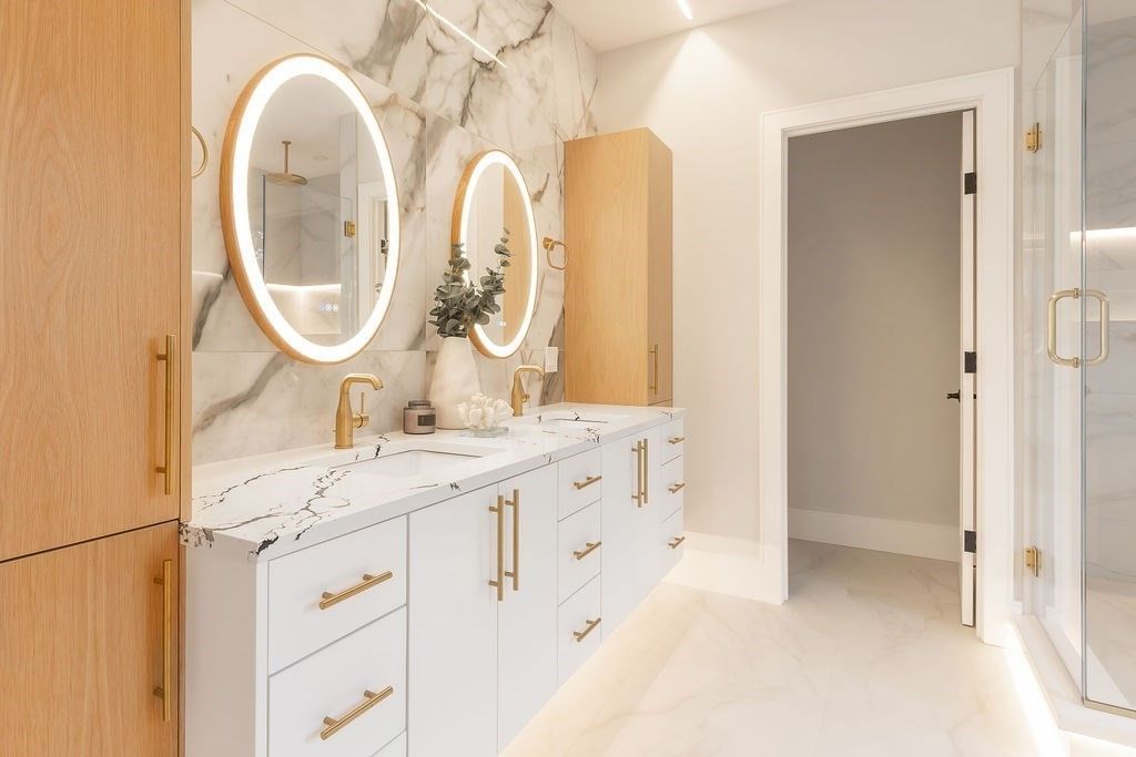 Bathroom, Dual Sink Vanities, Glass Shower, Interior, Marble, Marble Walls, Recessed Lighting