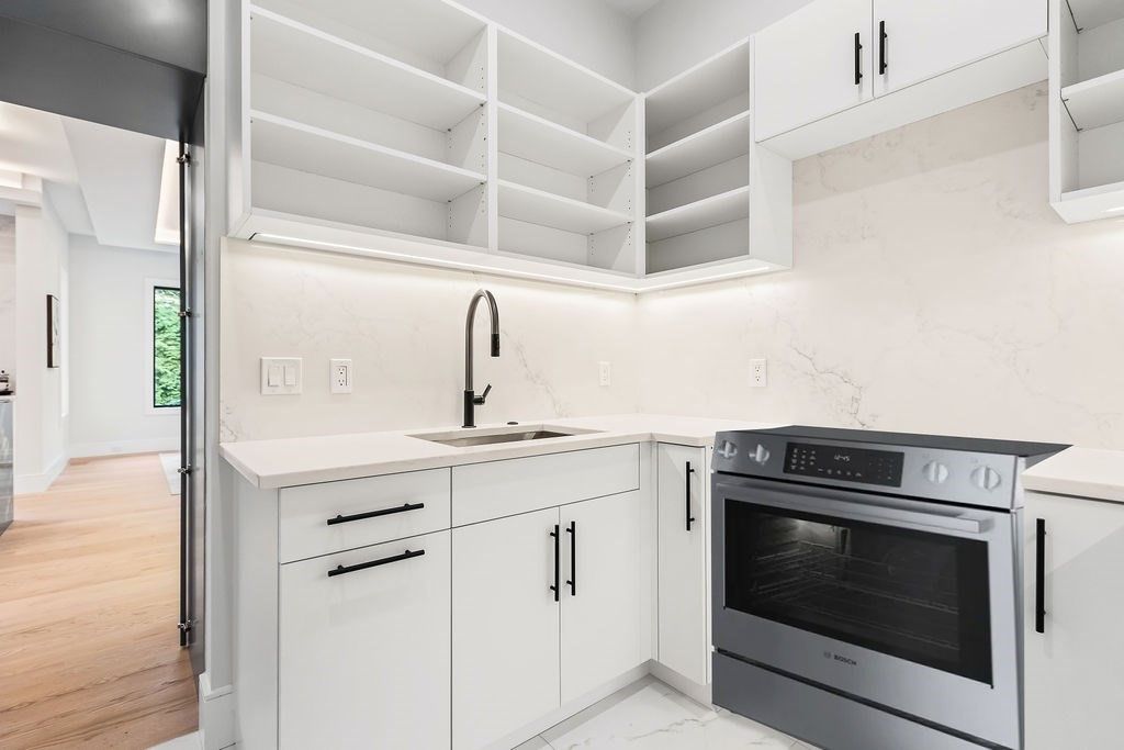 Interior, Kitchen, Marble, Marble Walls, Stainless Steel Appliances, Wood Texture Flooring