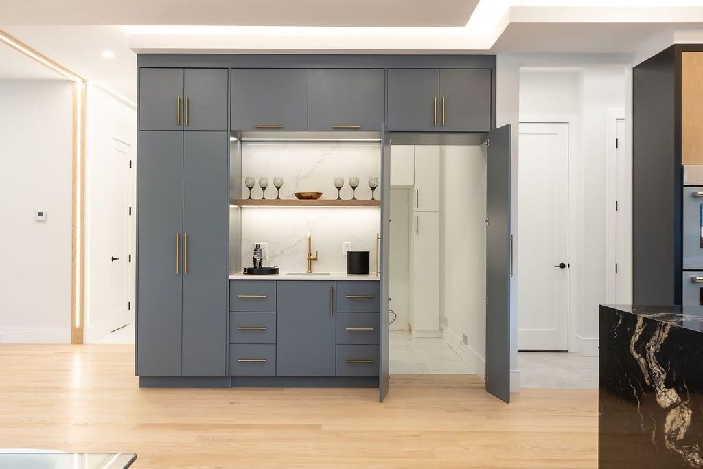 Interior, Kitchen, Marble Walls, Wood Texture Flooring