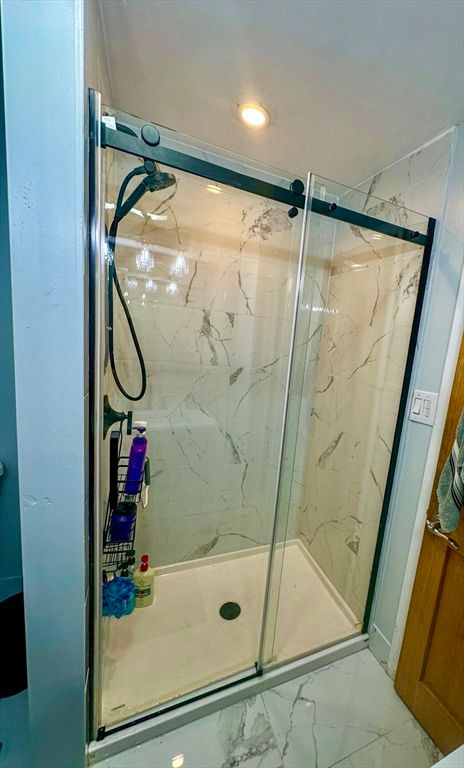 Bathroom, Glass Shower, Interior, Marble, Marble Walls, Recessed Lighting