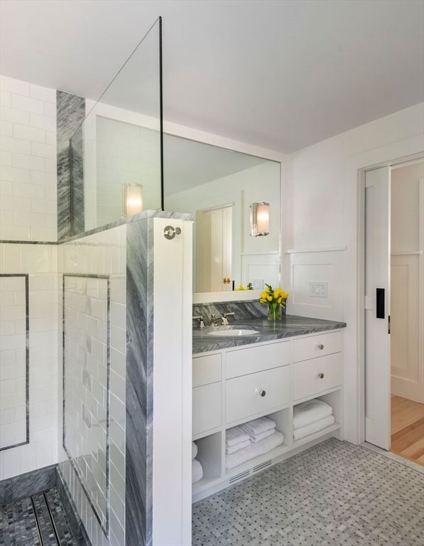 Bathroom, Glass Shower, Interior, Wood Texture Flooring
