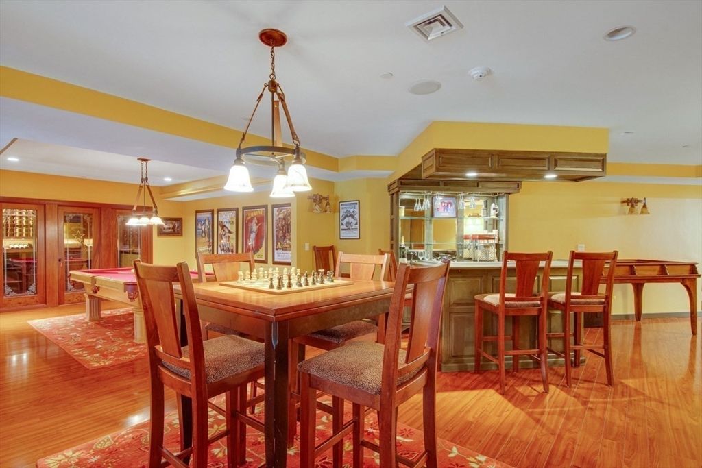 Billiard Table, Dining room, Game Room, Interior, Pendant Lights, Recessed Lighting, Wood Texture Flooring