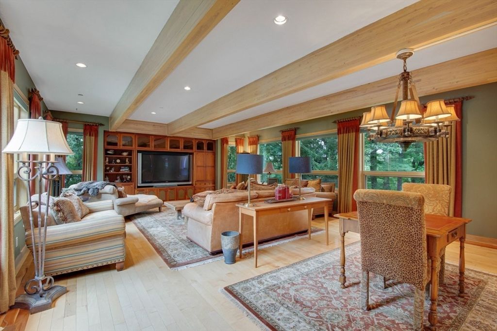 Chandelier, Home Office, Interior, Living room, Recessed Lighting, Wooden Beams, Wood Texture Flooring