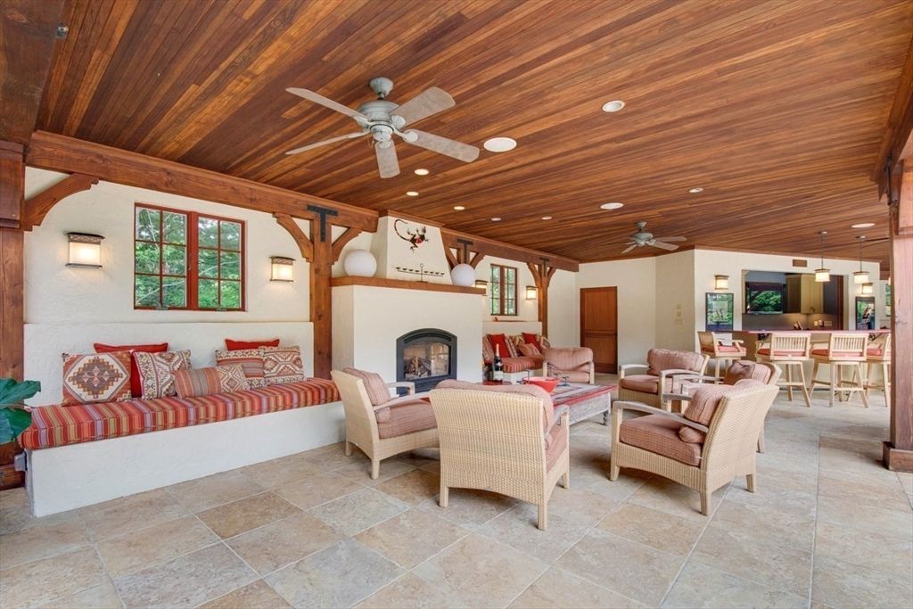 Dining room, Fireplace, Interior, Living room, Pendant Lights, Recessed Lighting, Wooden Beams, Wooden Ceilings