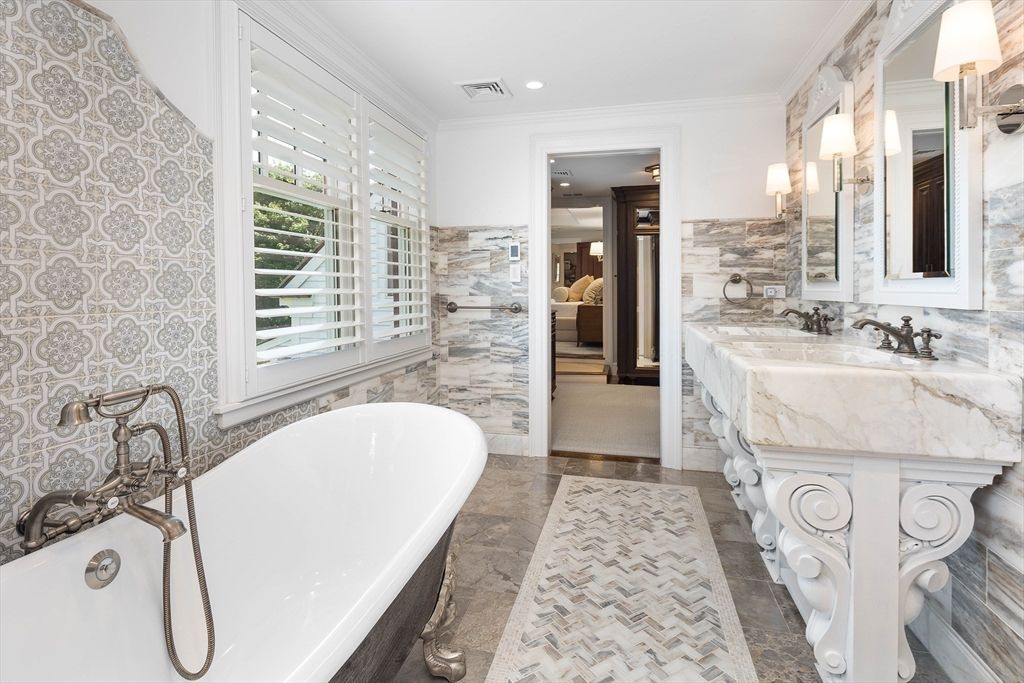 Bathroom, Dual Sink Vanities, Free Standing Baths, Interior, Marble Walls, Recessed Lighting