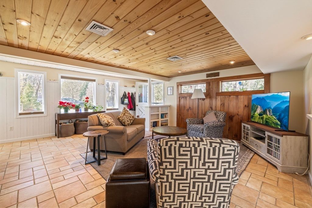 Fireplace, Interior, Living room, Recessed Lighting, Wooden Ceilings, Wooden Walls