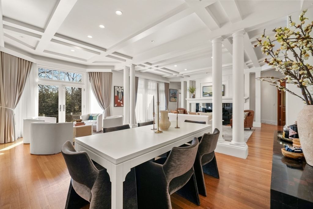 Dining room, Fireplace, Interior, Living room, Recessed Lighting, Wood Texture Flooring