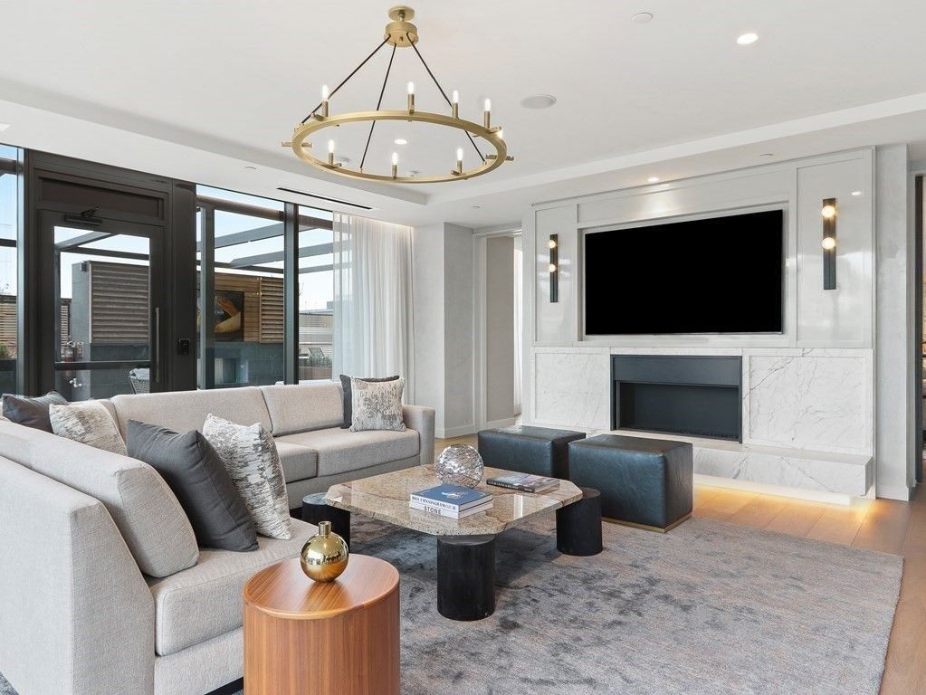 Chandelier, Fireplace, Interior, Living room, Pendant Lights, Recessed Lighting, Wood Texture Flooring