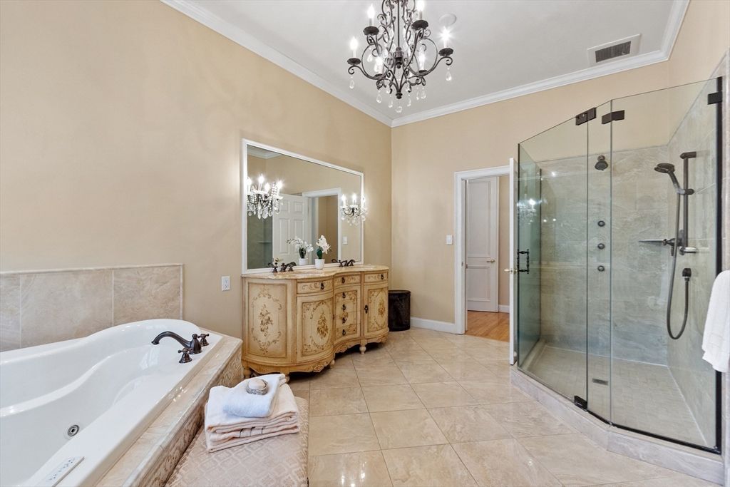 Bathroom, Chandelier, Glass Shower, Interior