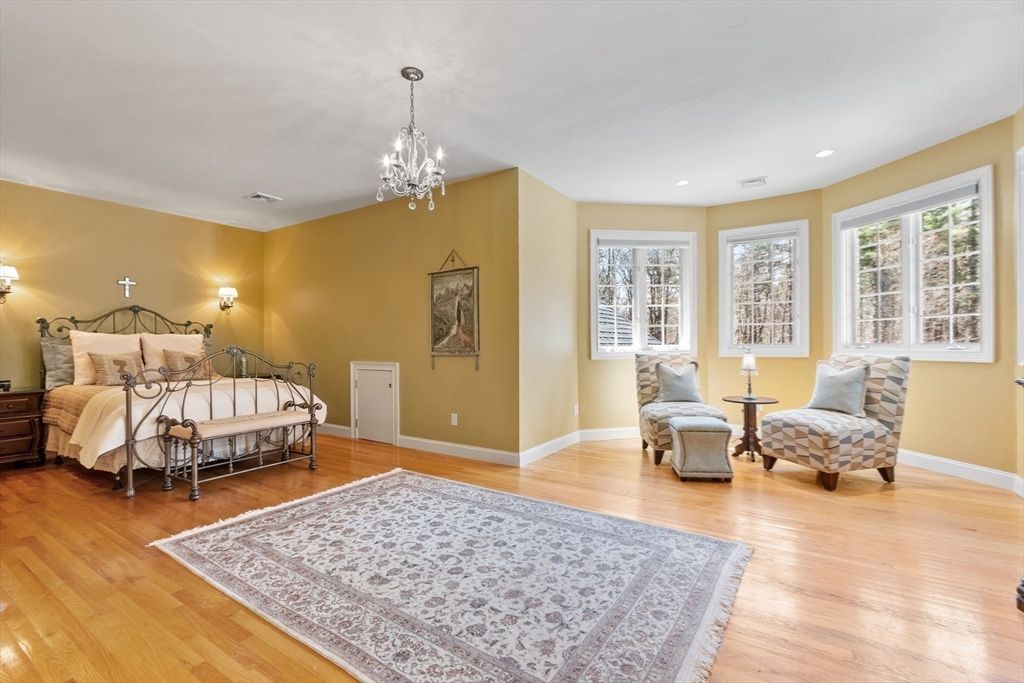 Bedroom, Chandelier, Interior, Recessed Lighting, Wood Texture Flooring