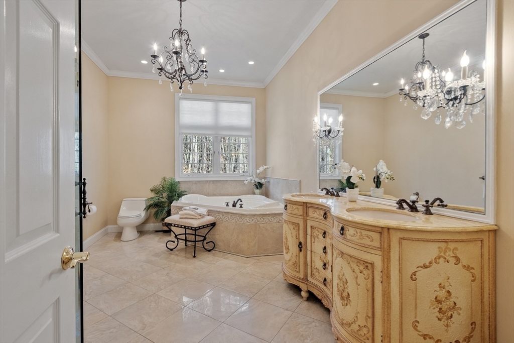 Bathroom, Chandelier, Dual Sink Vanities, Interior, Recessed Lighting