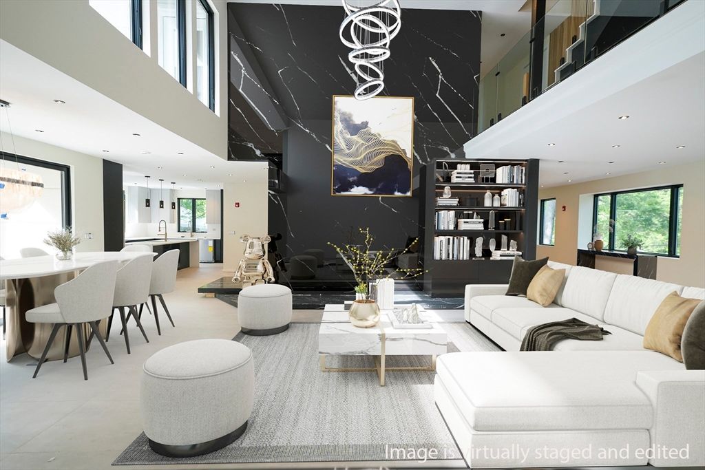 Dining room, Fireplace, Interior, Living room, Marble Walls, Pendant Lights, Recessed Lighting