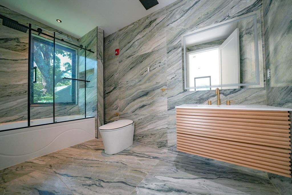 Bathroom, Interior, Marble, Marble Walls, Recessed Lighting, Wood Texture Flooring