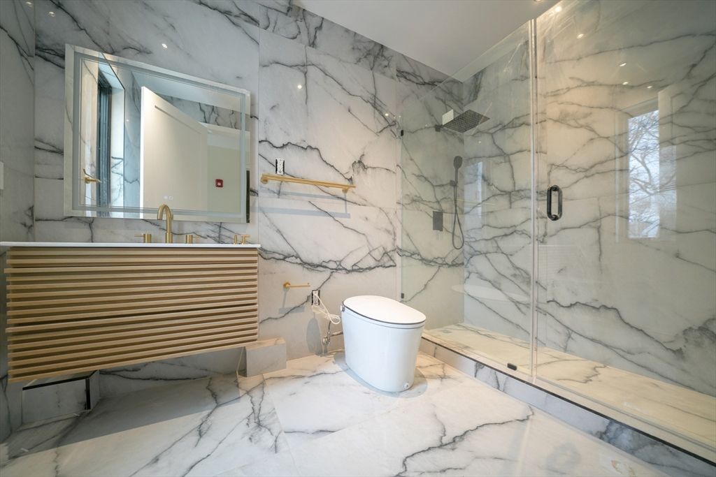 Bathroom, Glass Shower, Interior, Marble, Marble Walls, Recessed Lighting