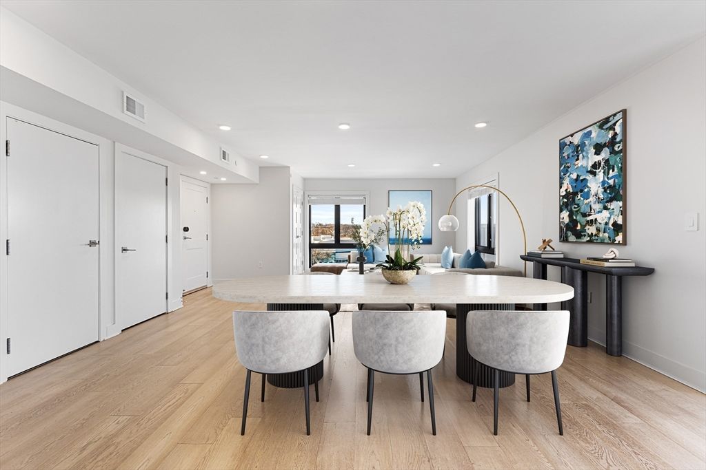 Dining room, Interior, Recessed Lighting, Wood Texture Flooring