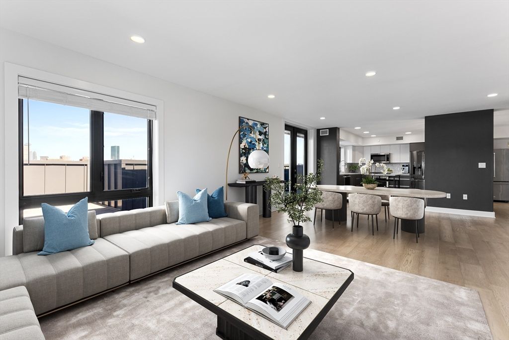 Dining room, Interior, Kitchen, Living room, Recessed Lighting, Stainless Steel Appliances, Wood Texture Flooring
