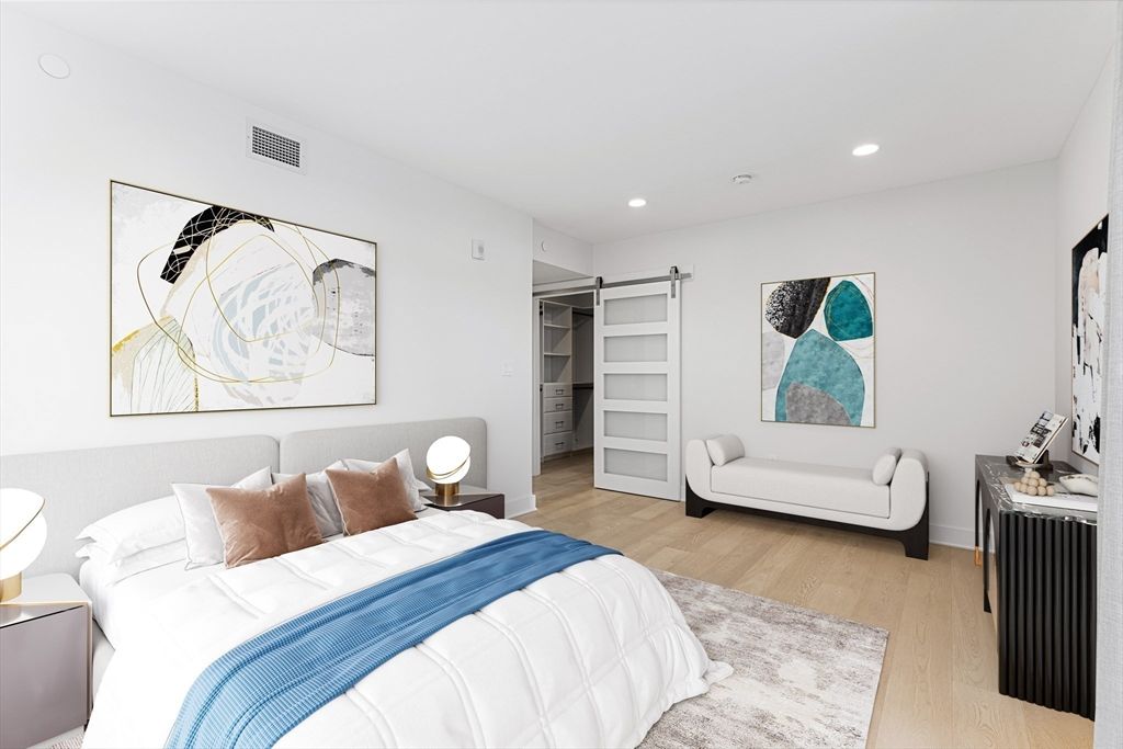 Bedroom, Interior, Recessed Lighting, Wood Texture Flooring
