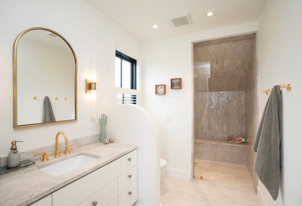 Bathroom, Glass Shower, Interior, Marble, Recessed Lighting