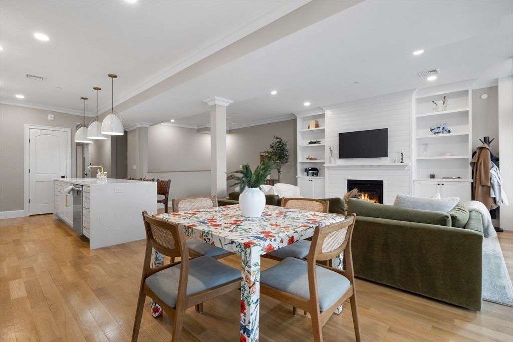 Dining room, Fireplace, Interior, Kitchen, Living room, Pendant Lights, Recessed Lighting, Wood Texture Flooring