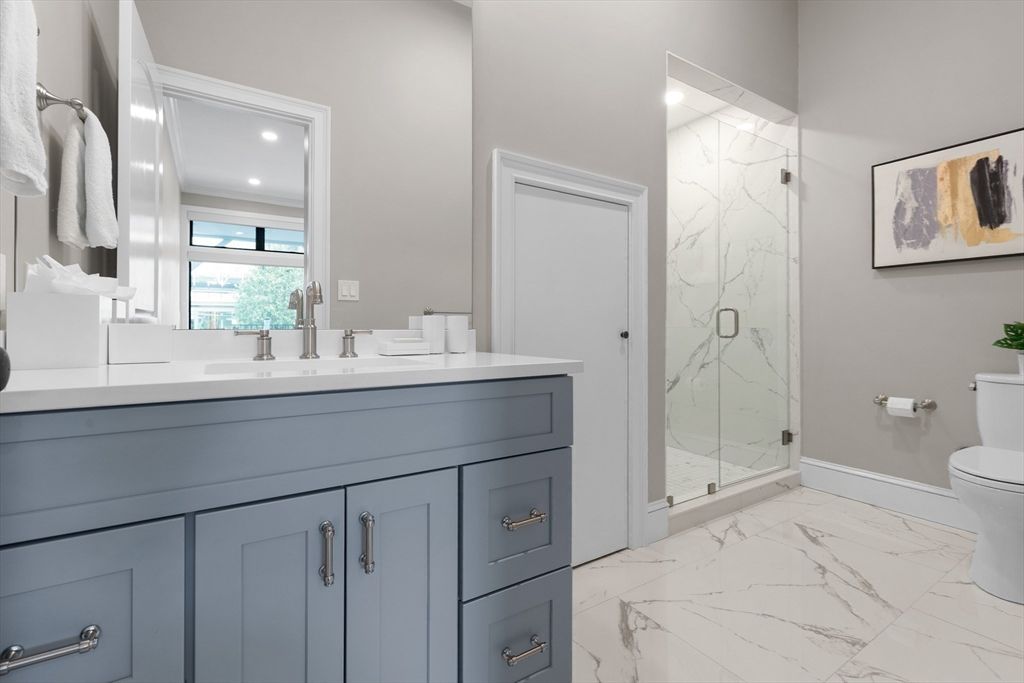 Bathroom, Glass Shower, Interior, Marble, Marble Walls, Recessed Lighting