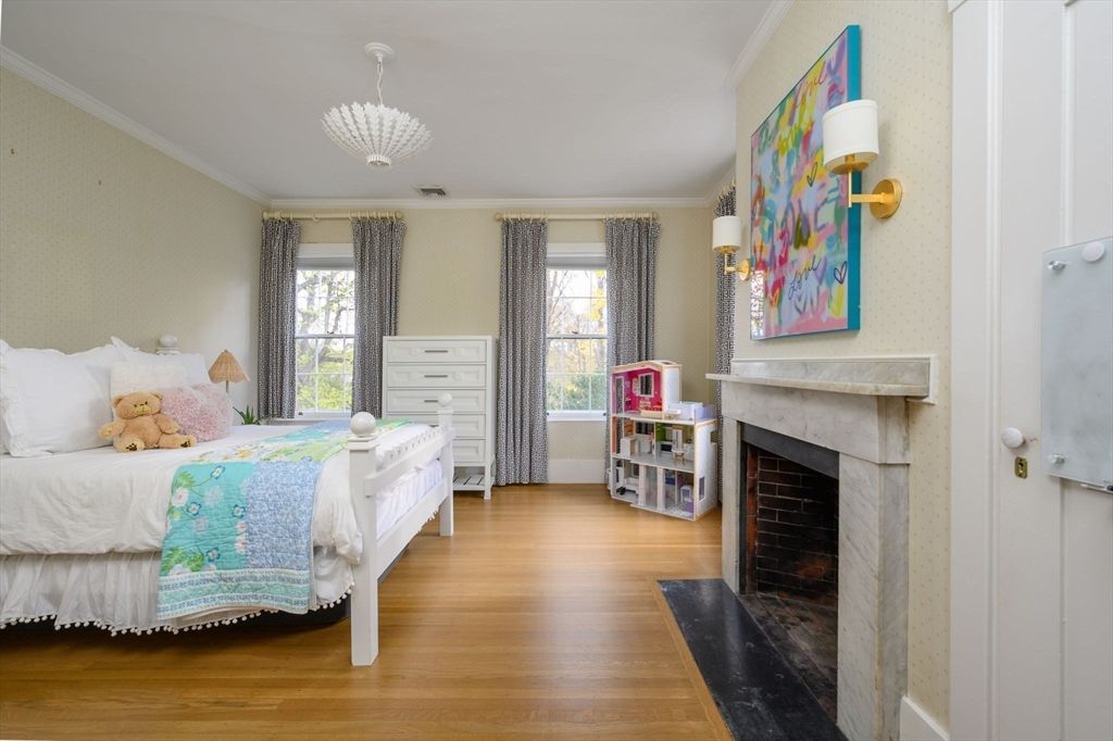 Bedroom, Fireplace, Interior, Pendant Lights, Wood Texture Flooring