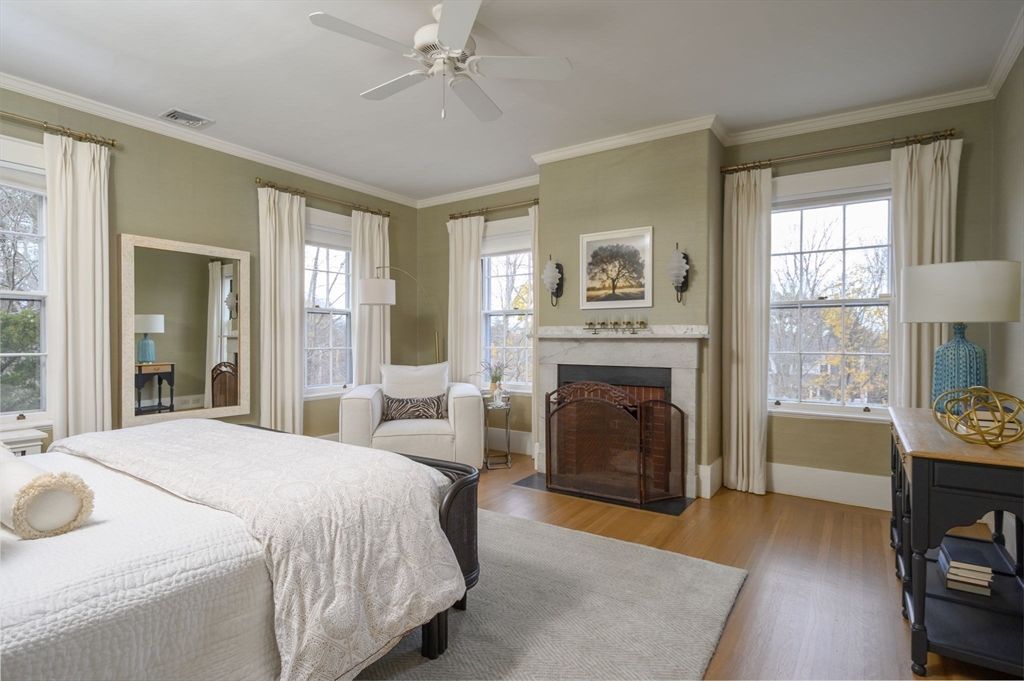 Bedroom, Fireplace, Interior, Wood Texture Flooring