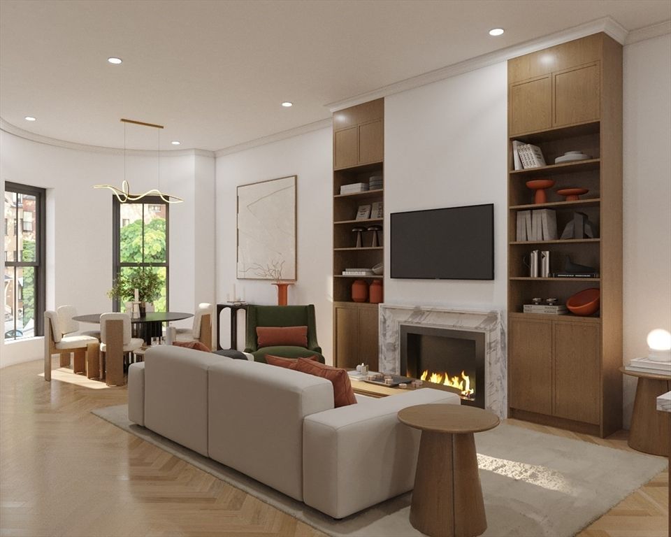 Dining room, Fireplace, Interior, Living room, Pendant Lights, Recessed Lighting, Wood Texture Flooring